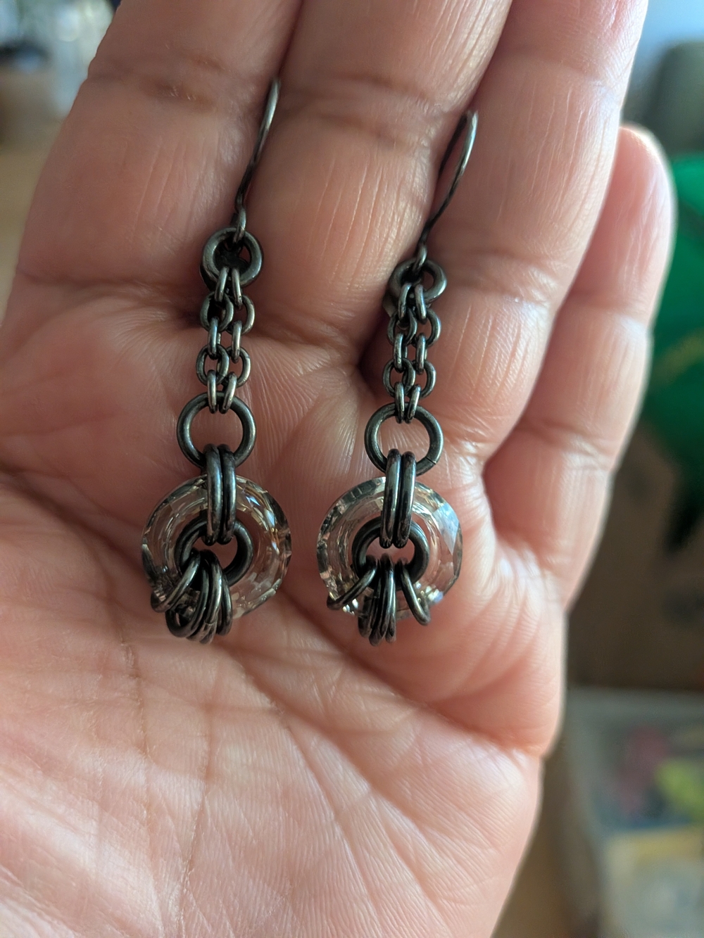 Handcrafted Oxidized 925 Chain Drop Earrings with Clear Crystal Rings